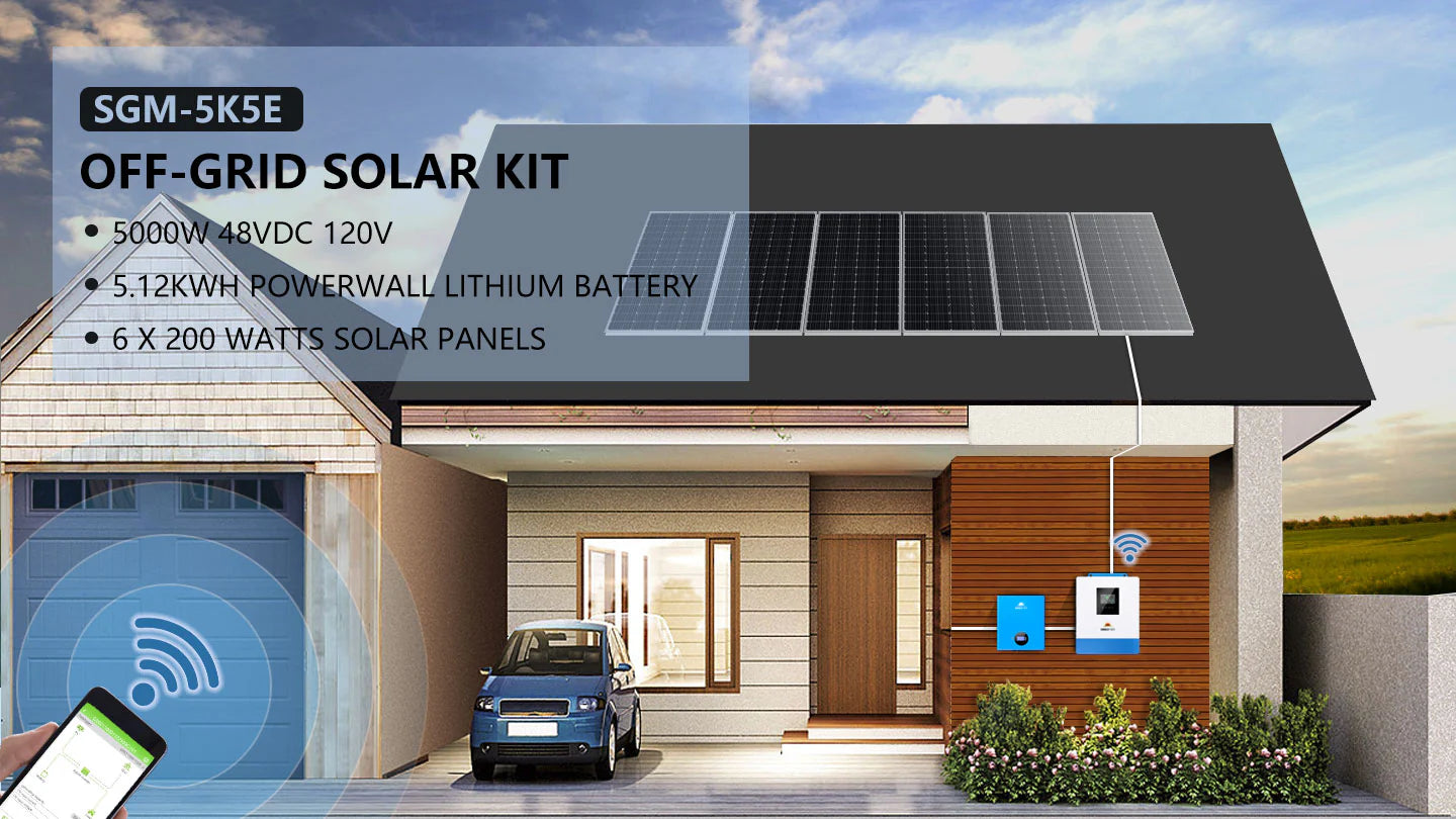 SunGoldPower 5000W Wall-Mounted Off-Grid Solar Kit – 48V 120V Inverter + 5.12kWh PowerWall Battery + 6×200W Panels